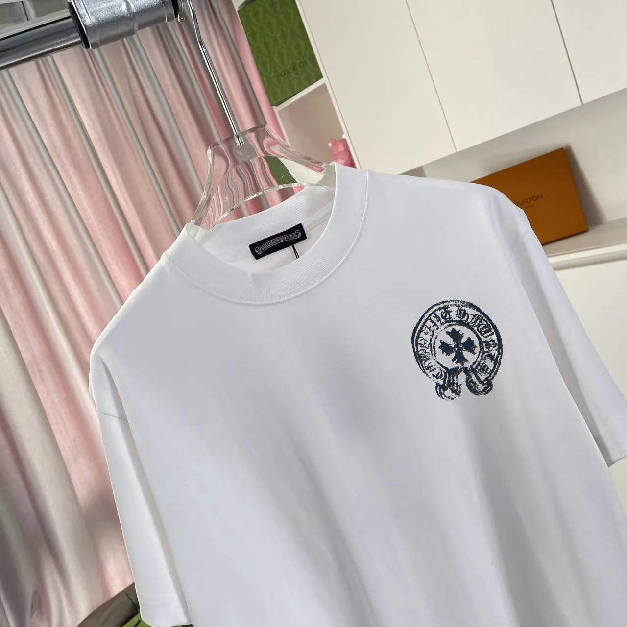 🅿️170 ch Cro* 2025 summer new style Sanskrit cross horseshoe print short-sleeved T-shirt customized fabric 300g same style for men and women Size: S M L XL XXL five sizes Color: black white rose red iron gray